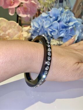 Chunky Black Acrylic Statement Bangle With Crystals, Women’s Bracelet Bangle